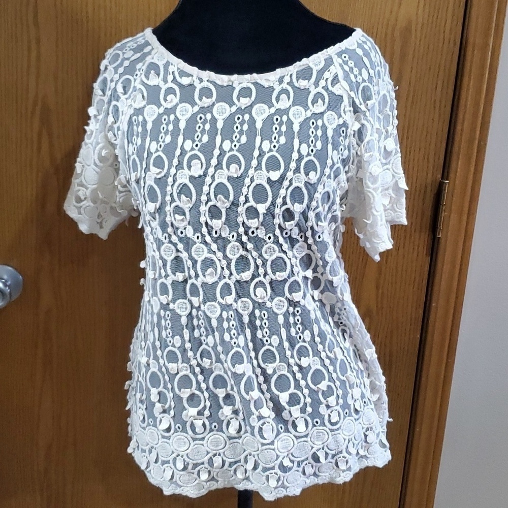 Sundance white cream mesh lace eyelet top short sleeve